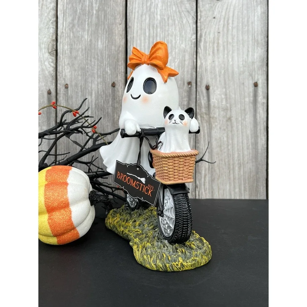 NEW Halloween Ghost Riding with Bicycle With Black Ghost Cat New 12in
